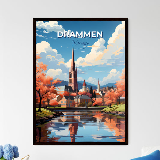 Drammen, Norway, A Poster of a painting of a town with a church and a river Default Title
