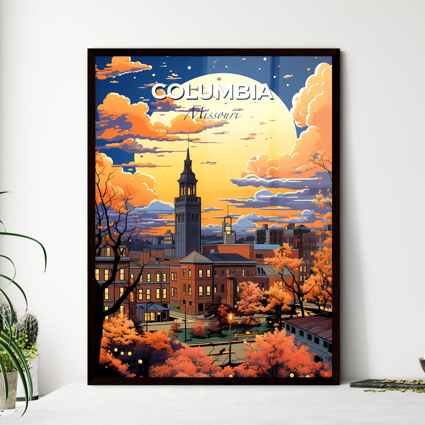 Columbia, Missouri, A Poster of a city with orange trees and a large moon Default Title
