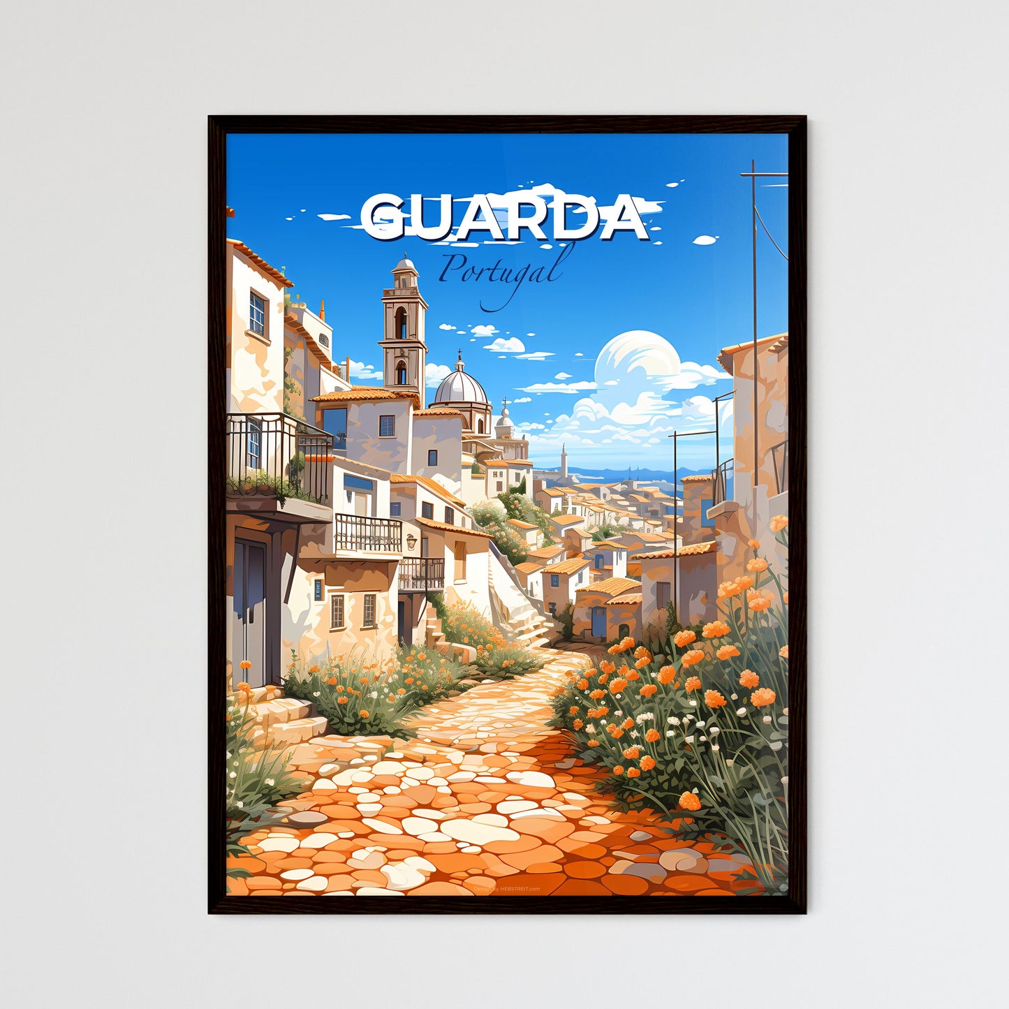 Guarda, Portugal, A Poster of a stone path between buildings with orange flowers Default Title