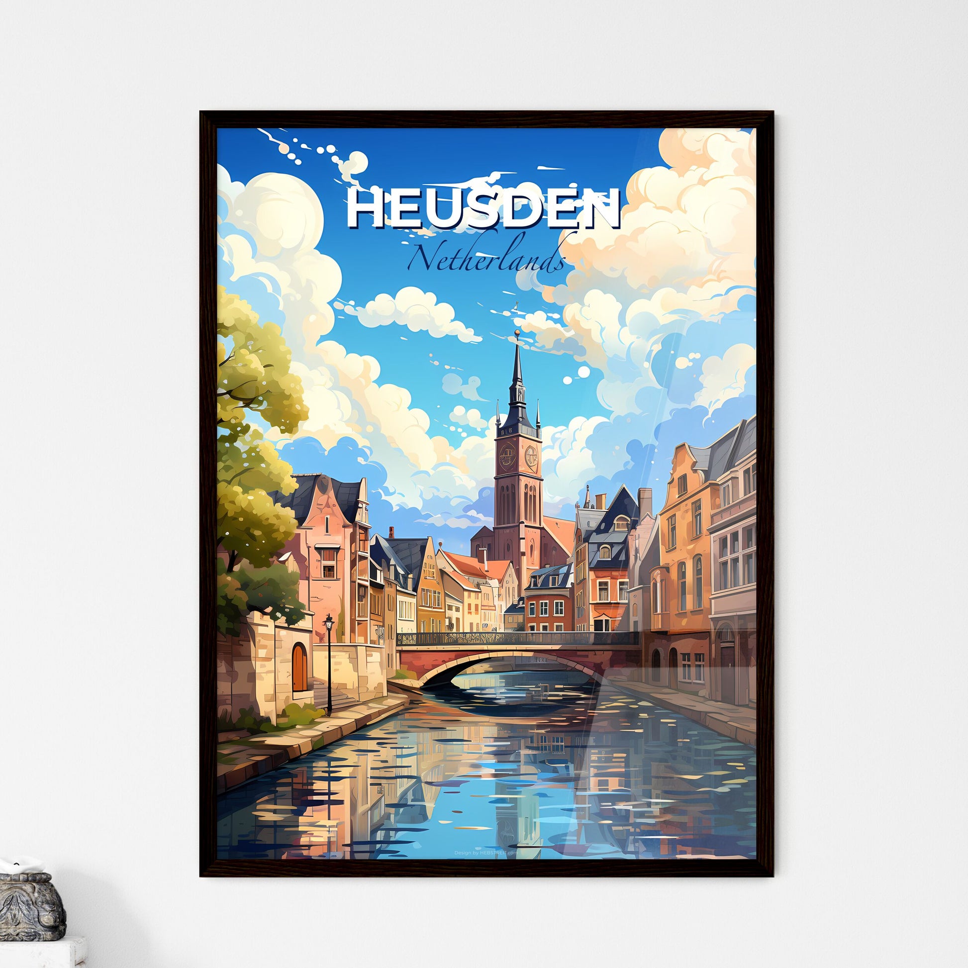 Heusden, Netherlands, A Poster of a river with a bridge and buildings Default Title