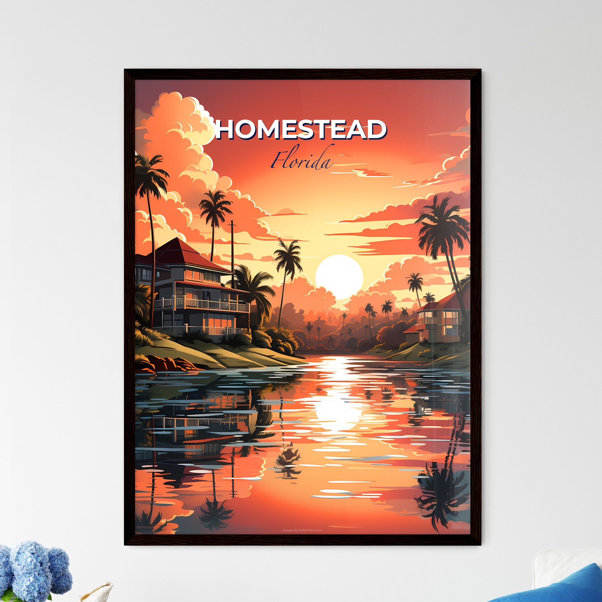 Homestead, Florida, A Poster of a sunset over a body of water with houses and palm trees Default Title