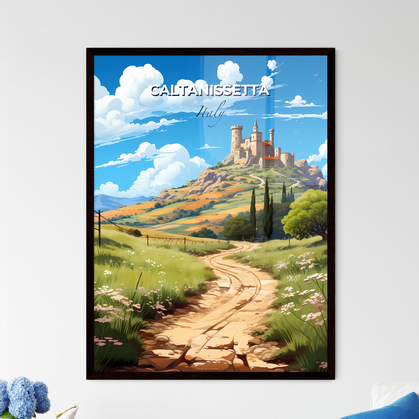 Caltanissetta, Italy, A Poster of a dirt road leading to a castle on a hill Default Title