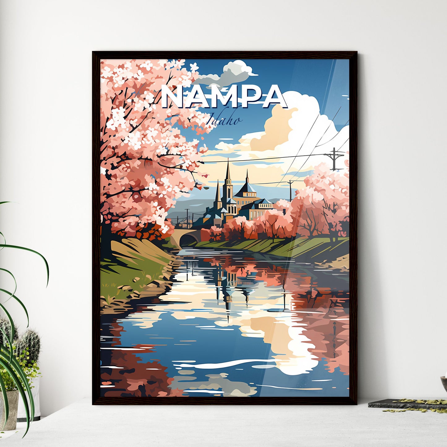Nampa, Idaho, A Poster of a river with pink trees and buildings in the background Default Title