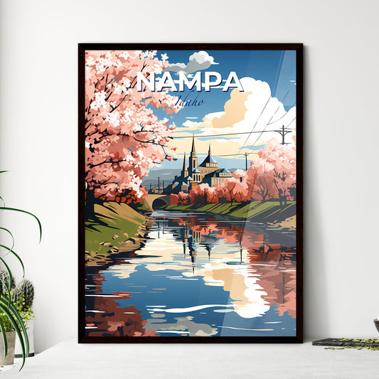 Nampa, Idaho, A Poster of a river with pink trees and buildings in the background Default Title