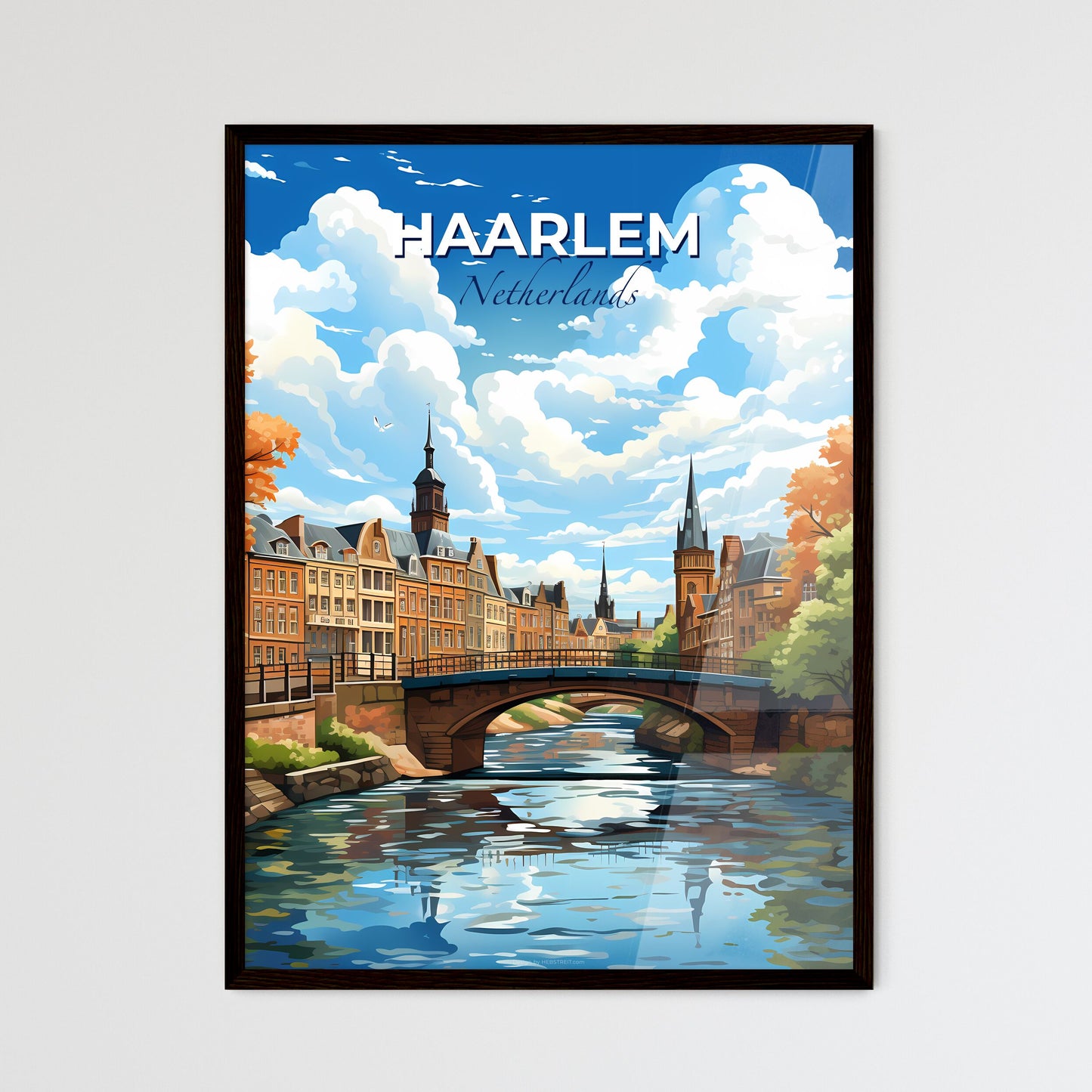 Haarlem, Netherlands, A Poster of a bridge over a river with trees and buildings Default Title