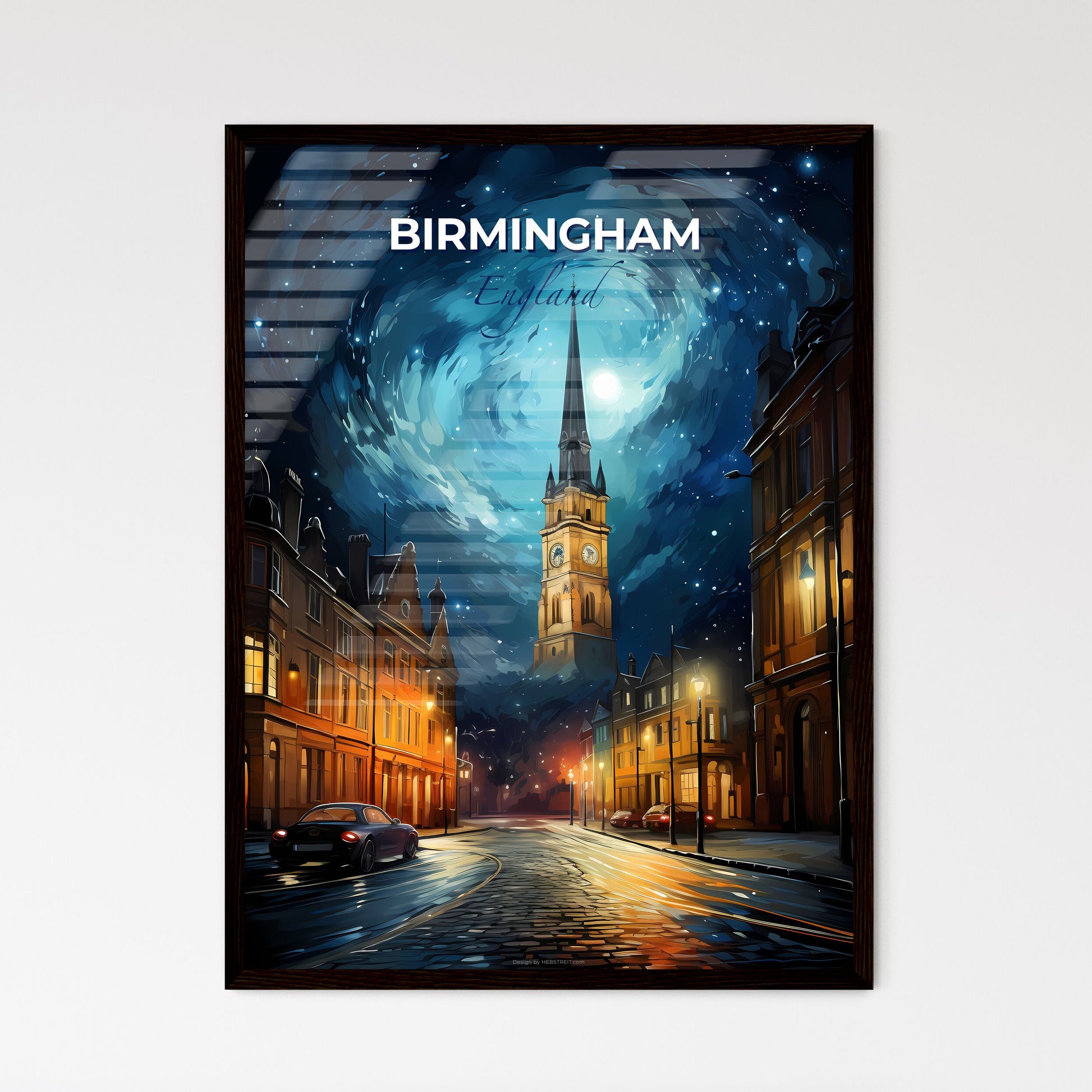 Birmingham, England, A Poster of a street with a clock tower and buildings at night Default Title