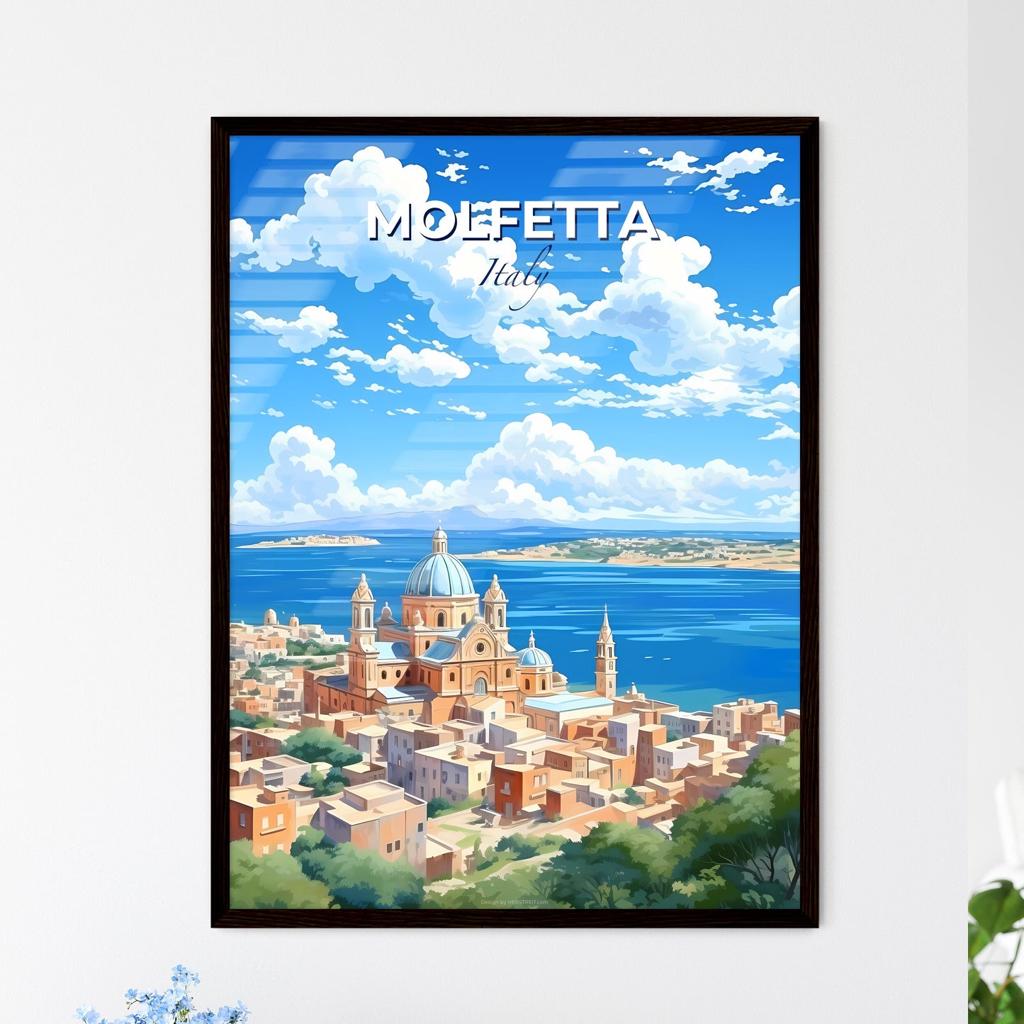 Molfetta, Italy, A Poster of a city with a blue dome and buildings by the water Default Title