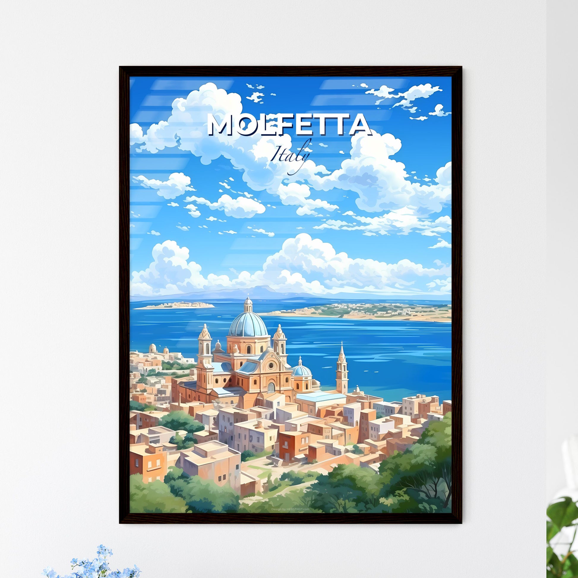 Molfetta, Italy, A Poster of a city with a blue dome and buildings by the water Default Title