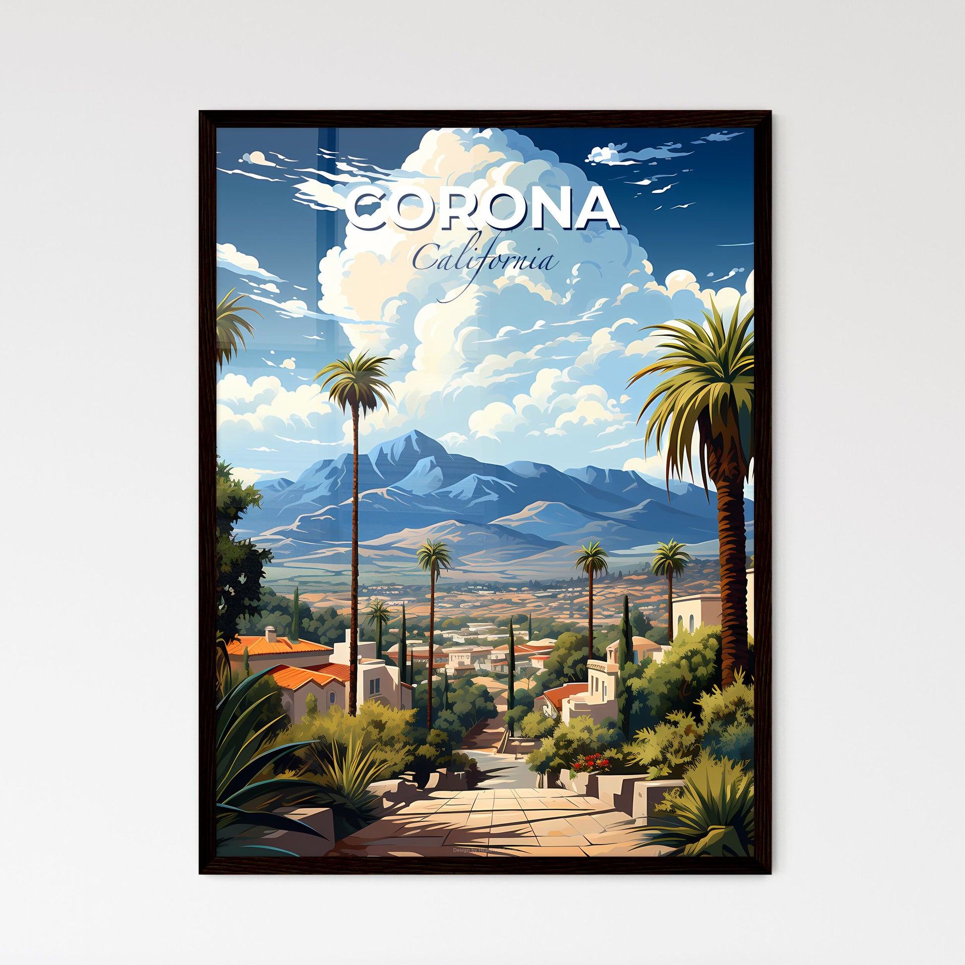 Corona, California, A Poster of a landscape of a town with palm trees and mountains Default Title