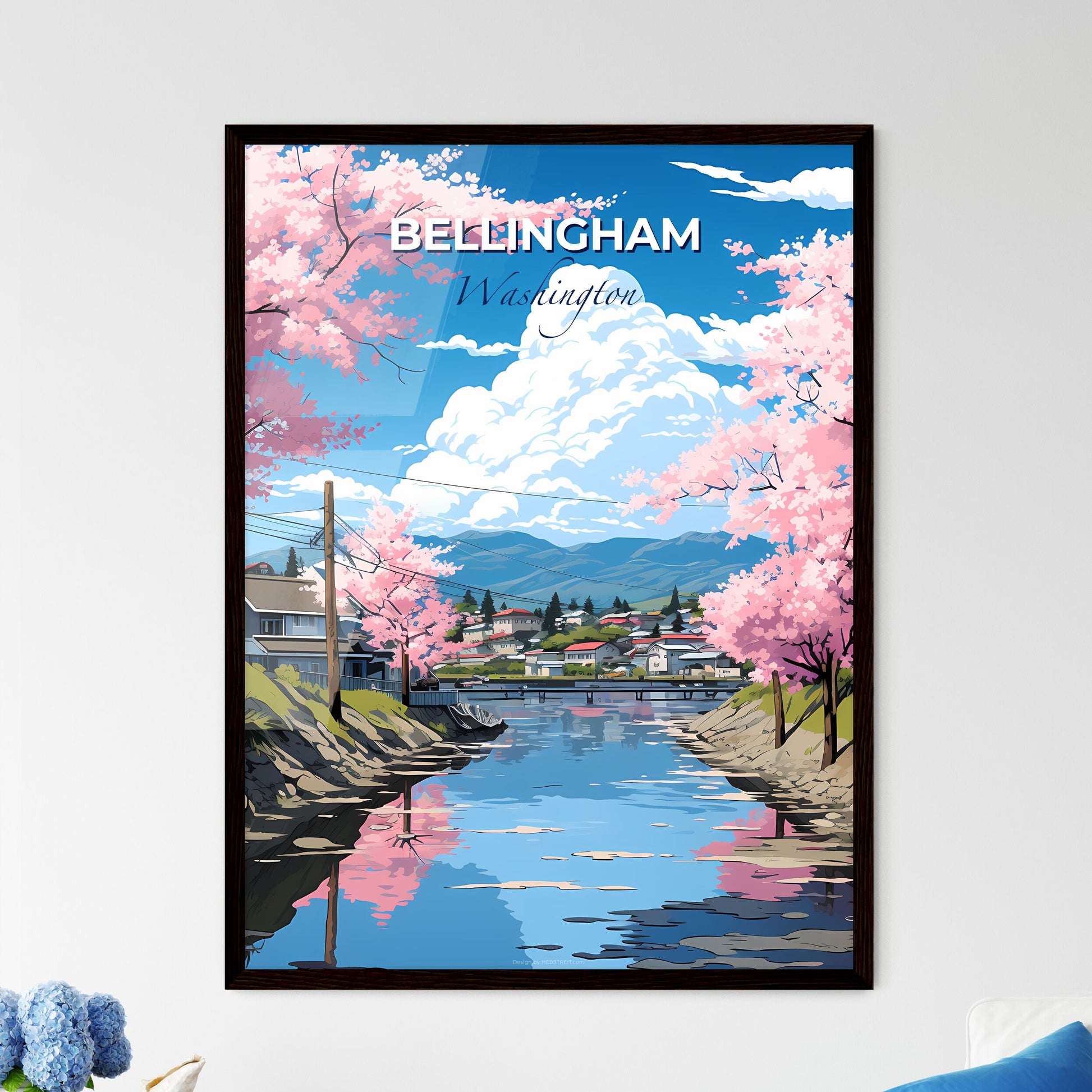 Bellingham, Washington, A Poster of a river with pink flowers and houses Default Title