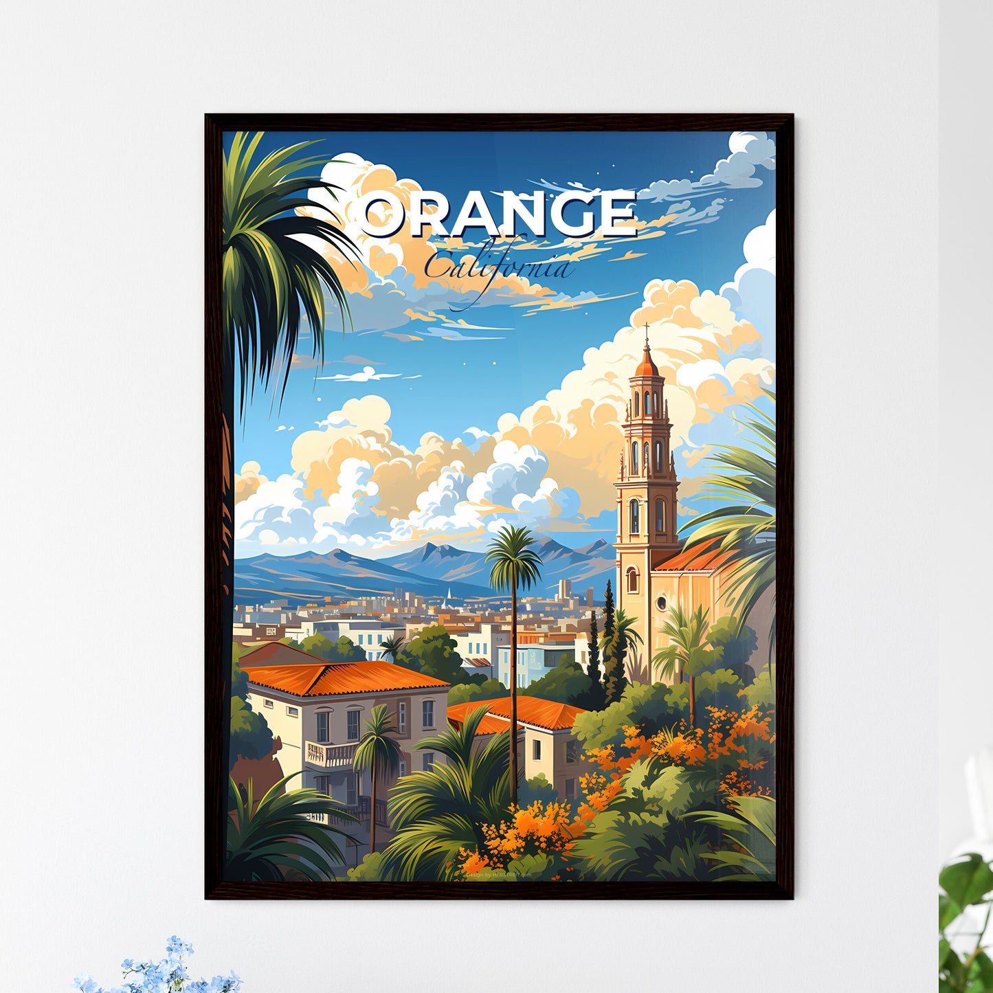 Orange, California, A Poster of a landscape of a city with palm trees and a tower Default Title