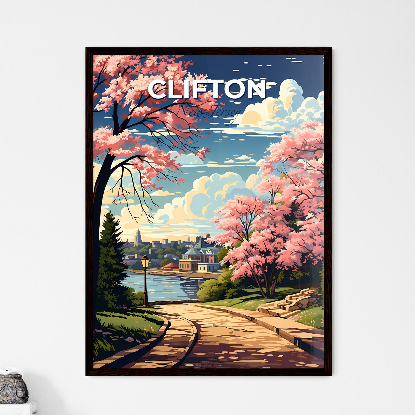 Clifton, New Jersey, A Poster of a painting of a path with pink trees and a building in the background Default Title
