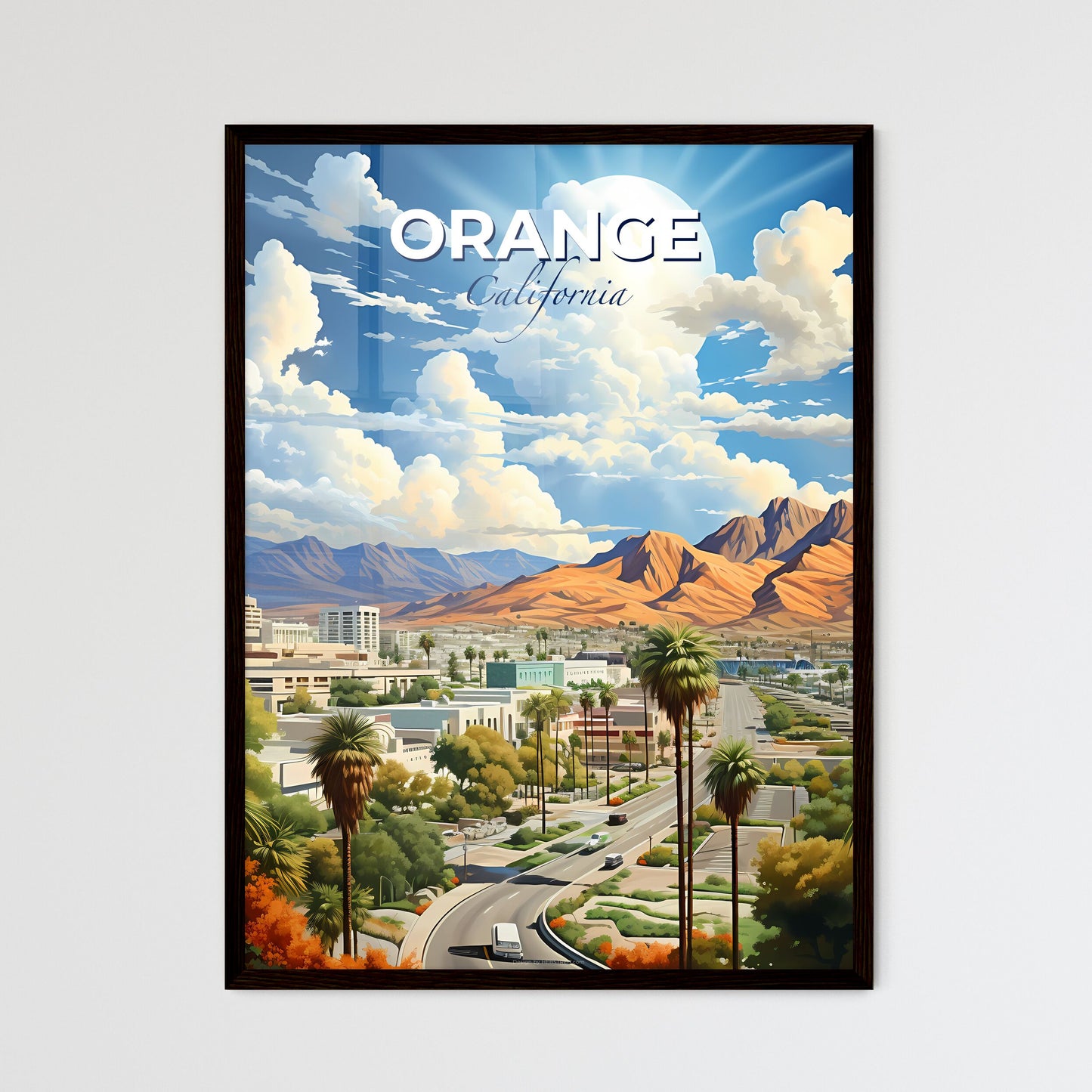 Orange, California, A Poster of a landscape of a city with mountains and trees Default Title