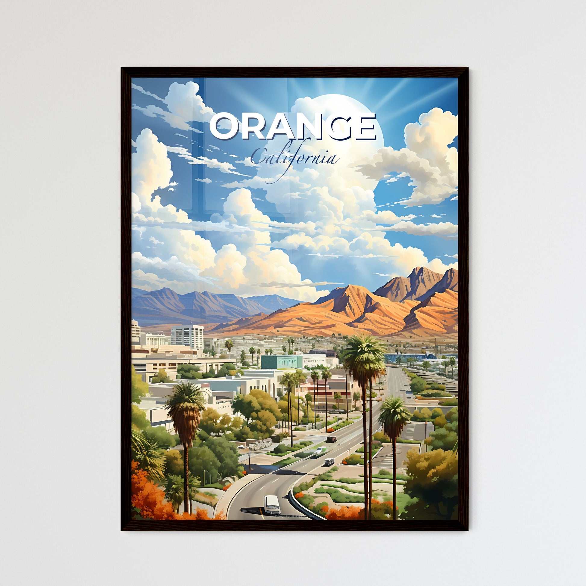 Orange, California, A Poster of a landscape of a city with mountains and trees Default Title