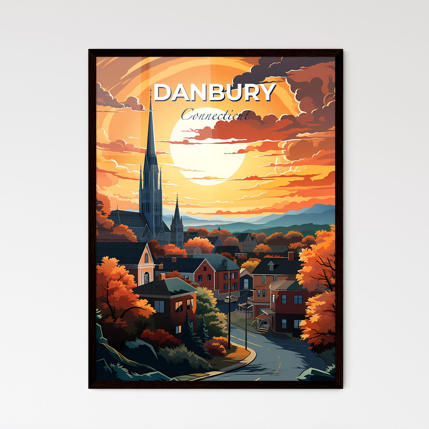 Danbury, Connecticut, A Poster of a city with a church and trees Default Title