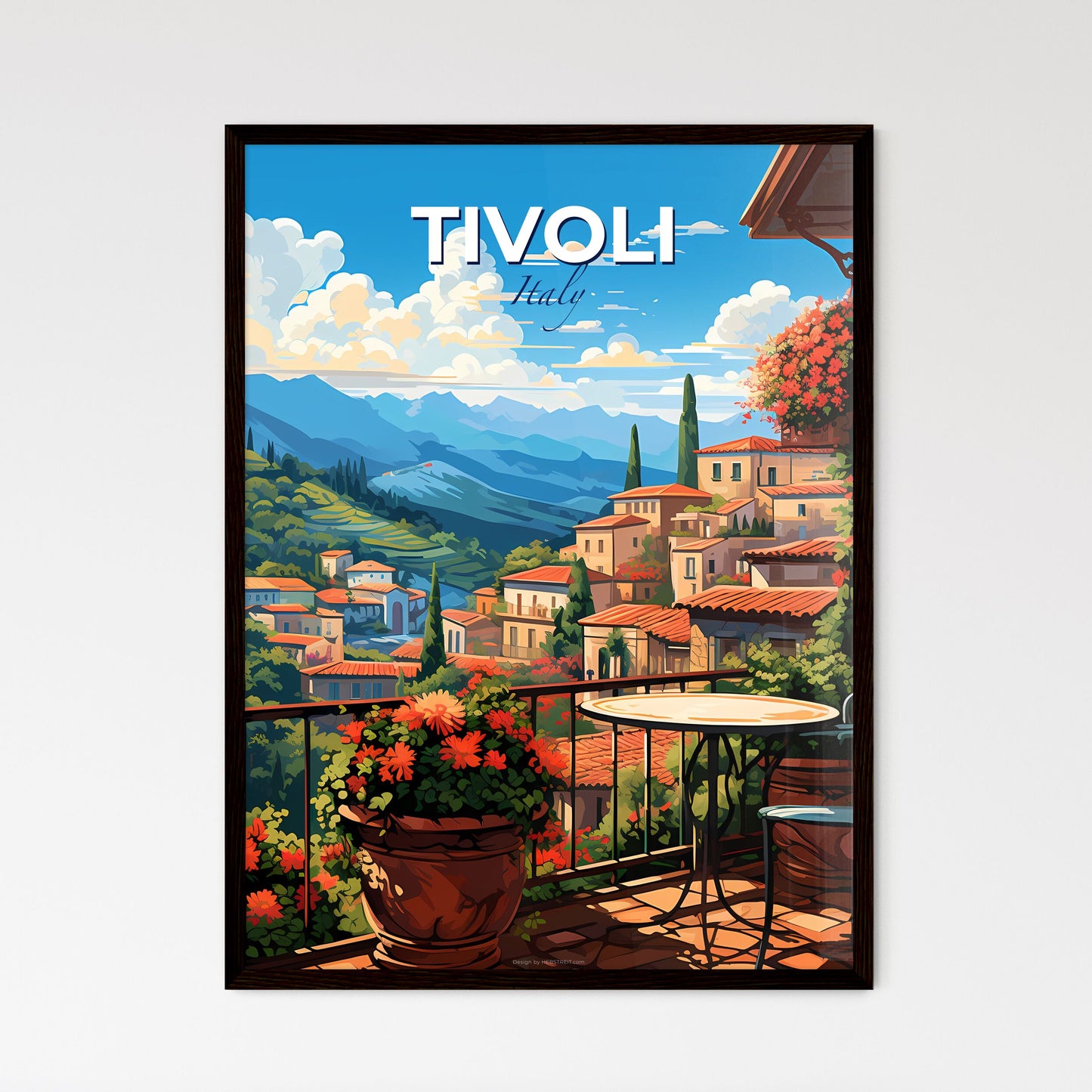 Tivoli, Italy, A Poster of a balcony with a view of a town and mountains Default Title