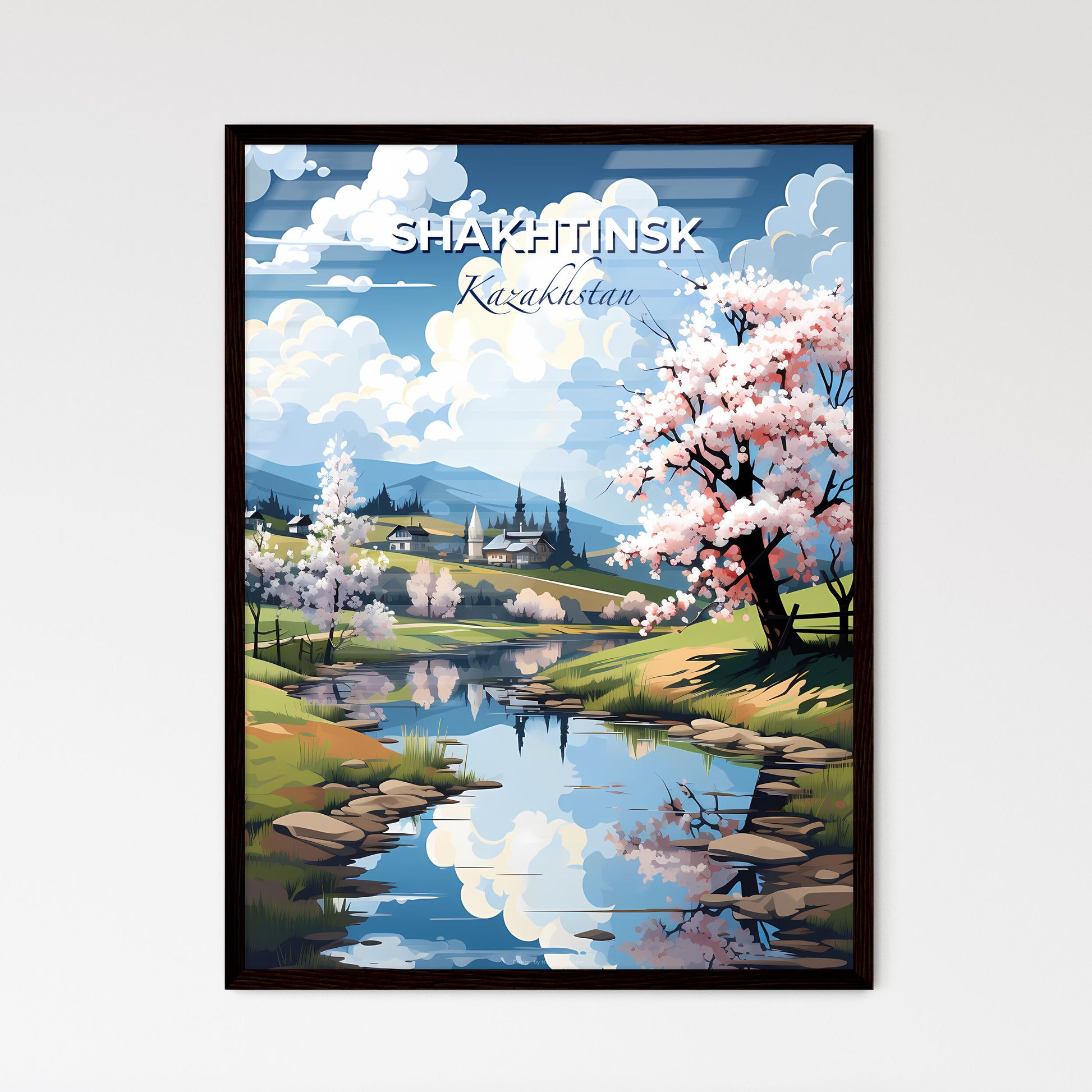 Shakhtinsk, Kazakhstan, A Poster of a river running through a valley with trees and a house in the background Default Title