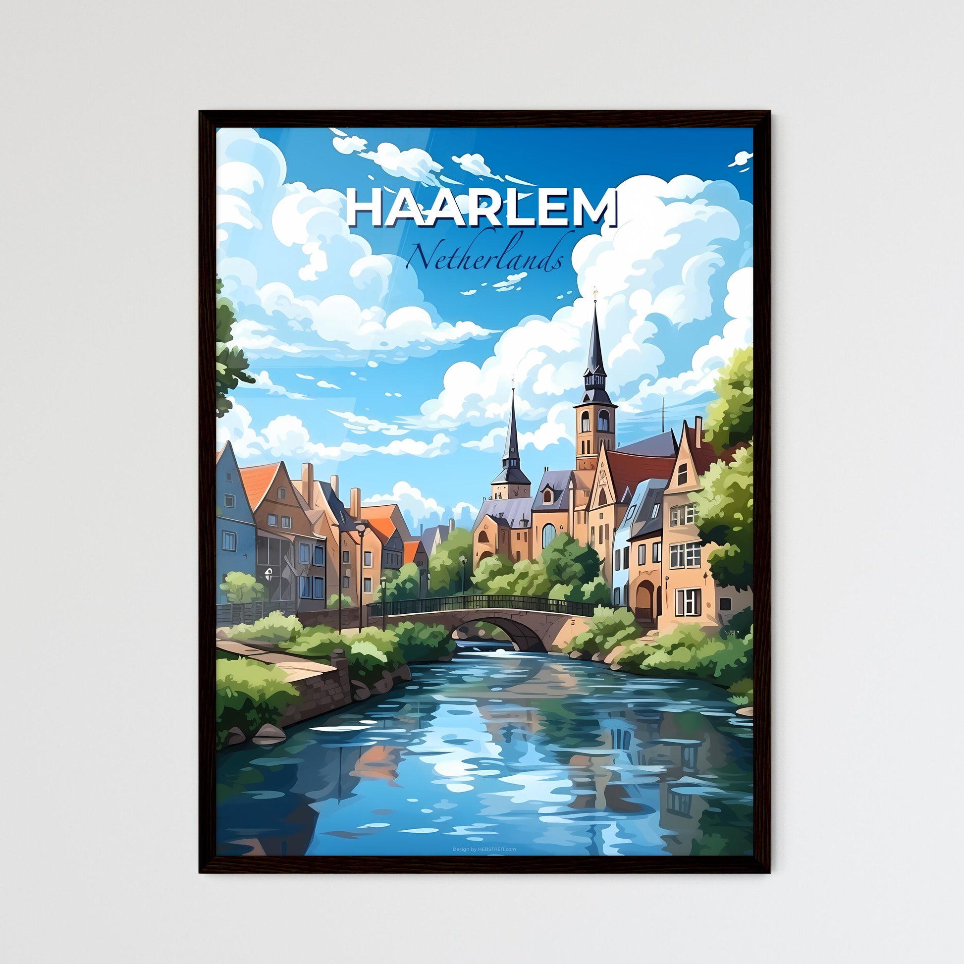 Haarlem, Netherlands, A Poster of a river with a bridge and buildings Default Title