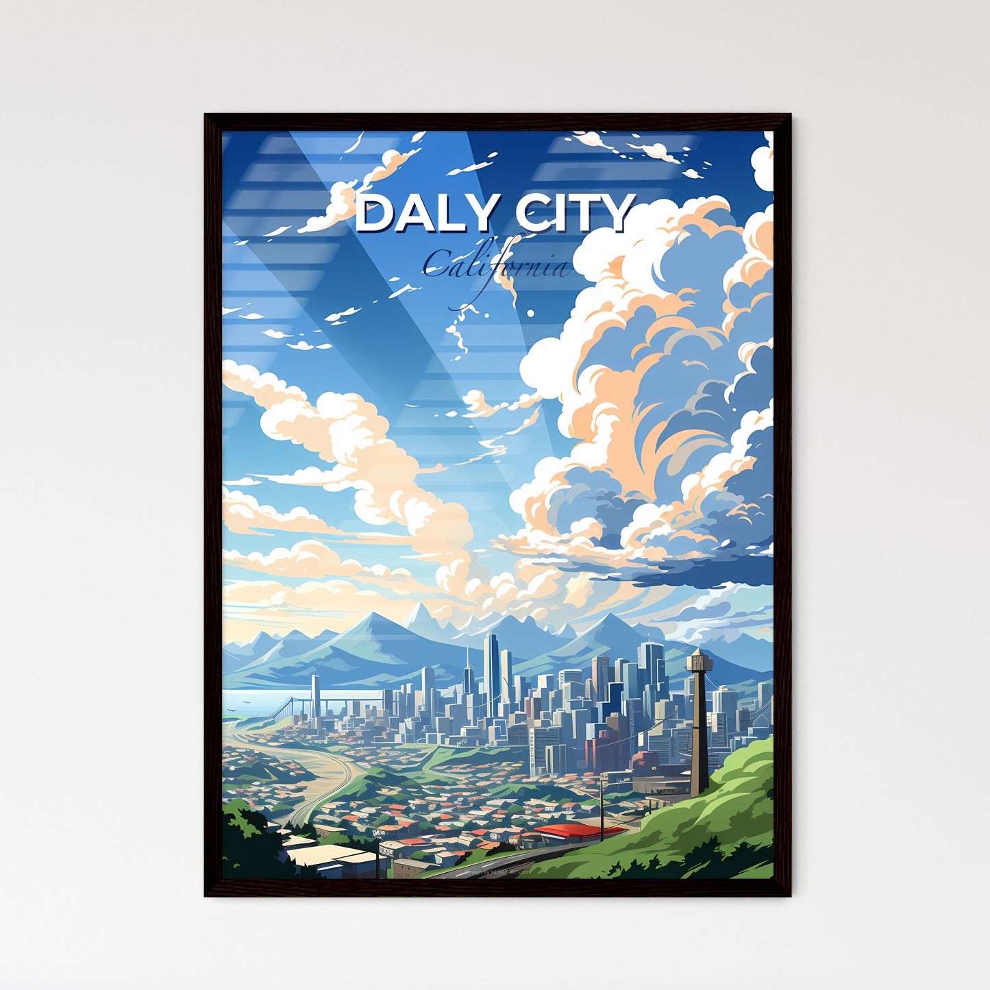 Daly City, California, A Poster of a landscape of a city with mountains and clouds Default Title