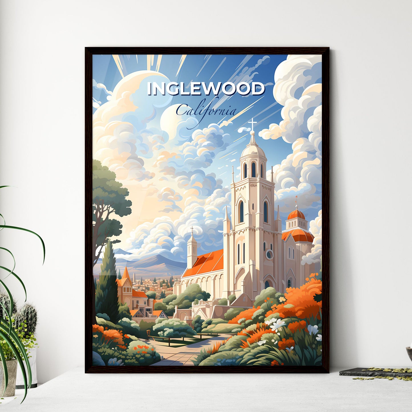 Inglewood, California, A Poster of a church with a tower and trees and a cloudy sky Default Title