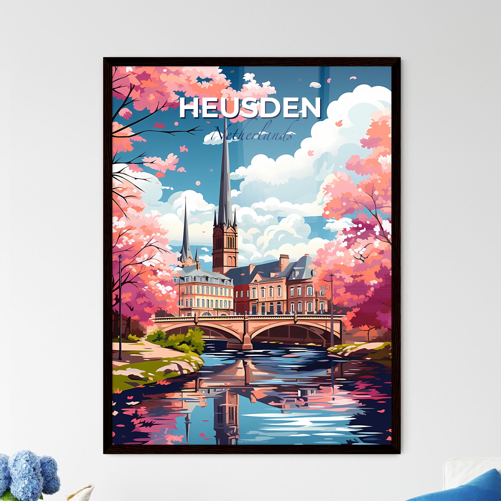 Heusden, Netherlands, A Poster of a bridge over a river with a church and trees Default Title