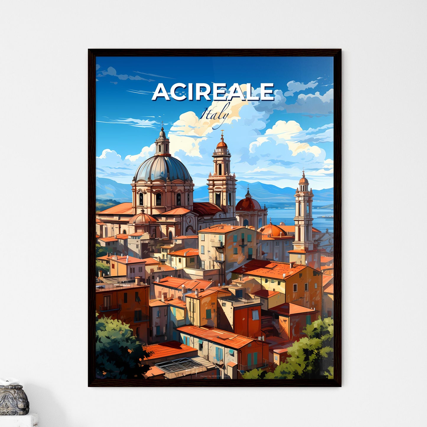 Acireale, Italy, A Poster of a large building with red roofs and a body of water Default Title