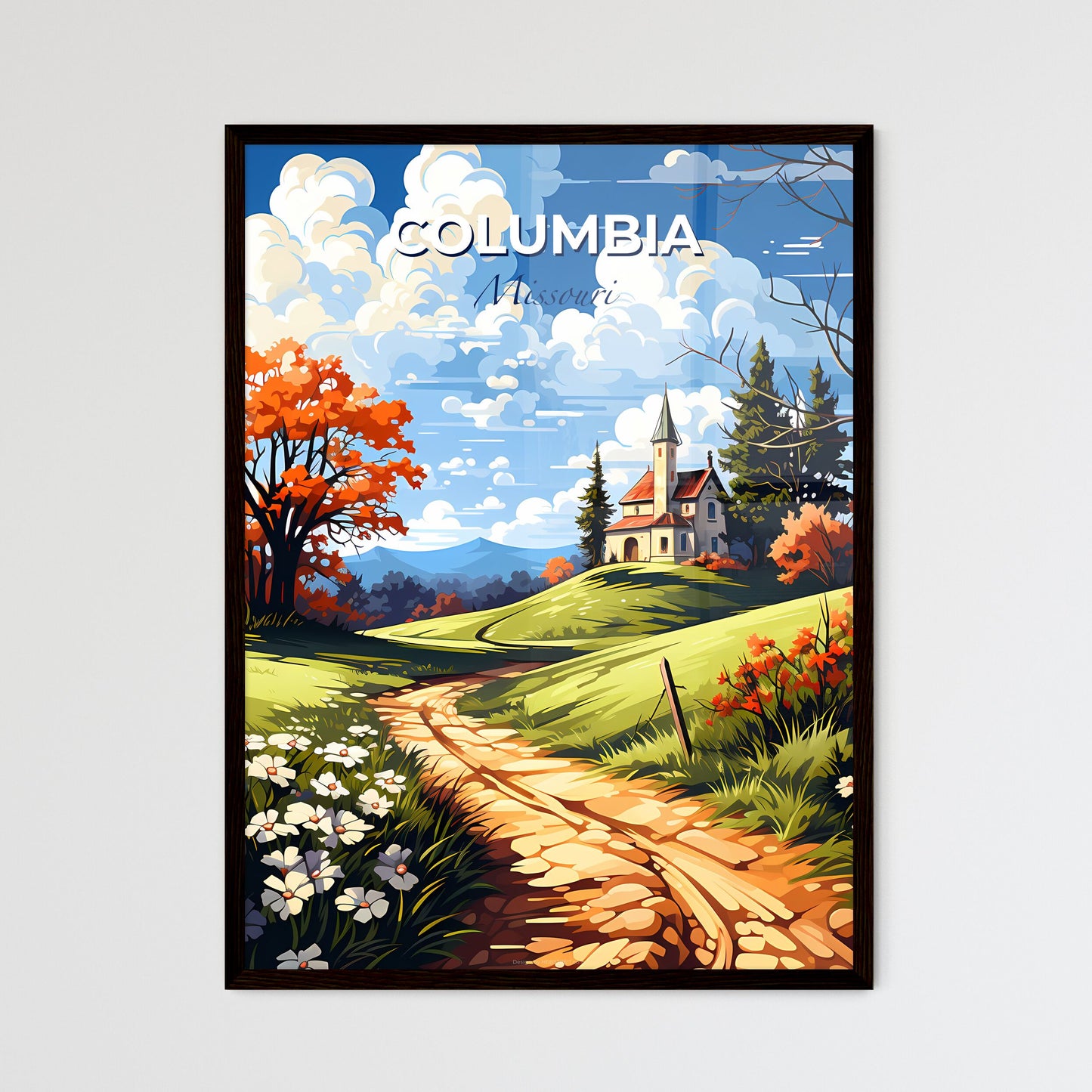 Columbia, Missouri, A Poster of a painting of a house on a hill with trees and flowers Default Title