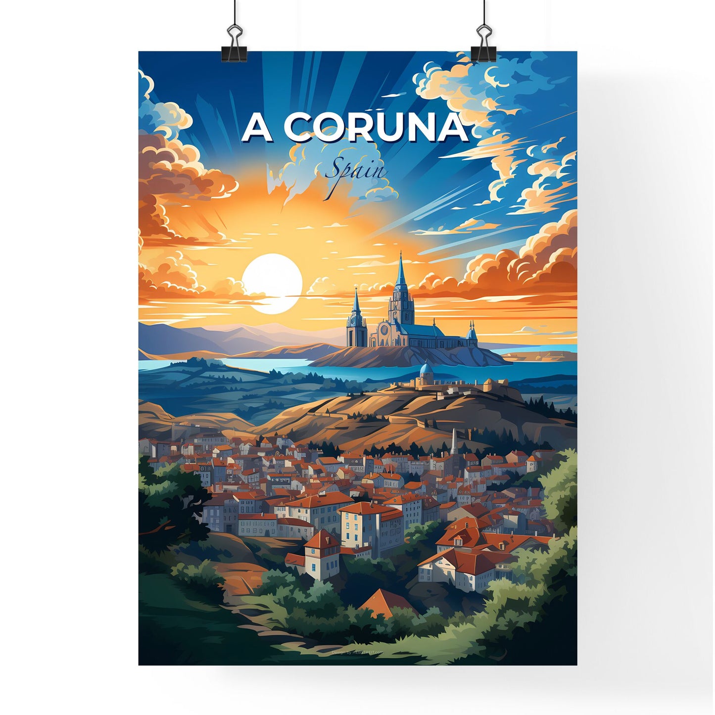 A Coruna, Spain, A Poster of a city with a castle in the distance Default Title