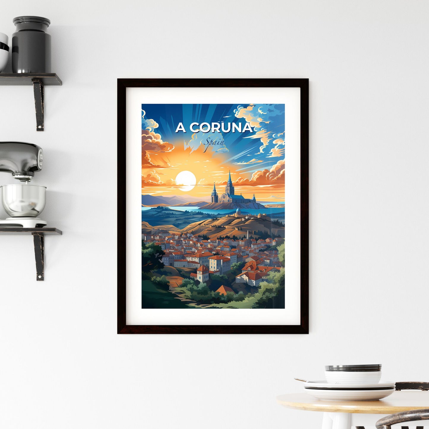 A Coruna, Spain, A Poster of a city with a castle in the distance Default Title