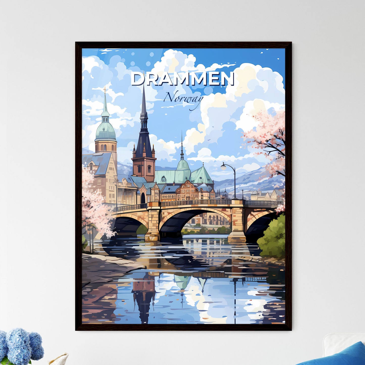 Drammen, Norway, A Poster of a bridge over a river with trees and buildings Default Title