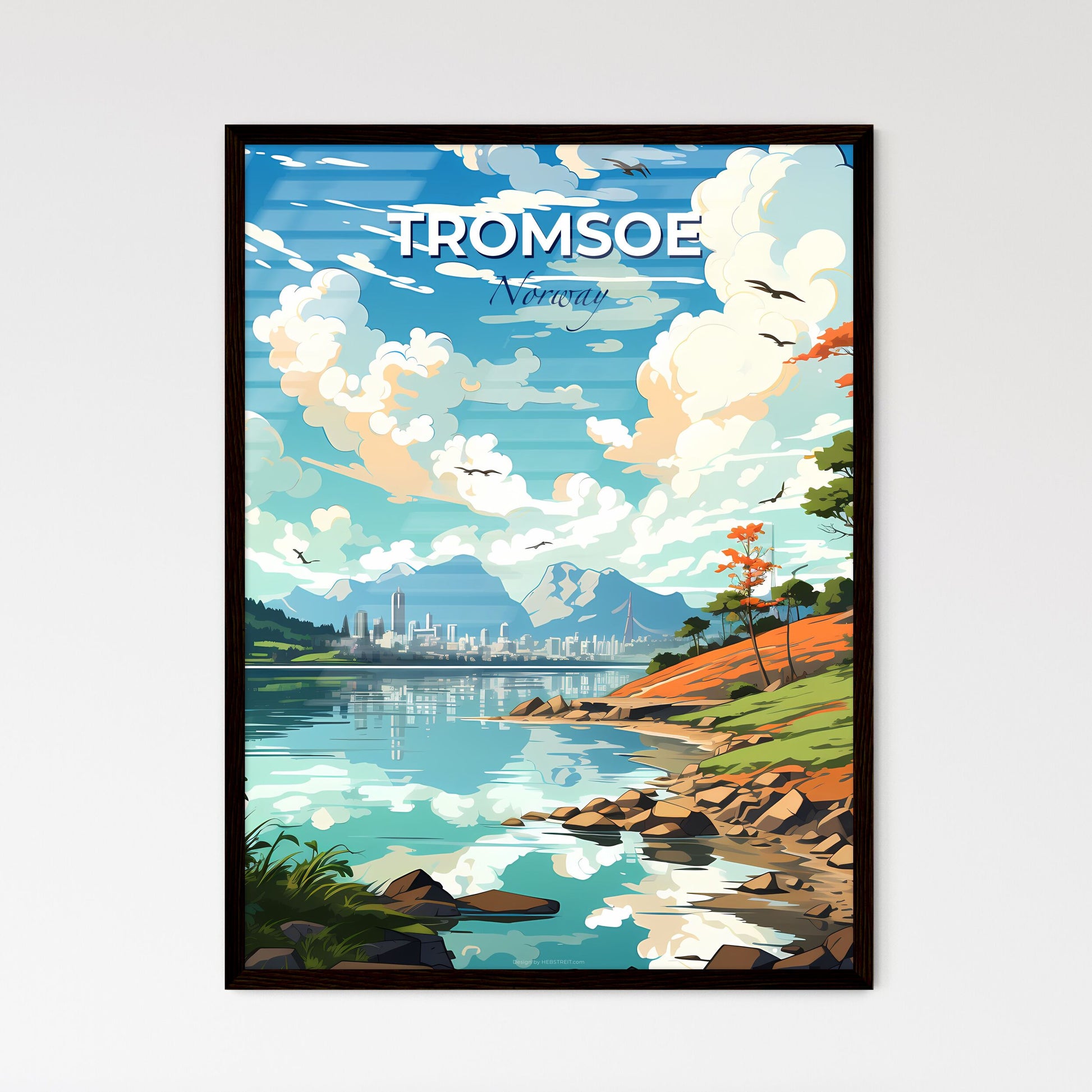 Tromsoe, Norway, A Poster of a landscape of a lake with a city and mountains in the background Default Title