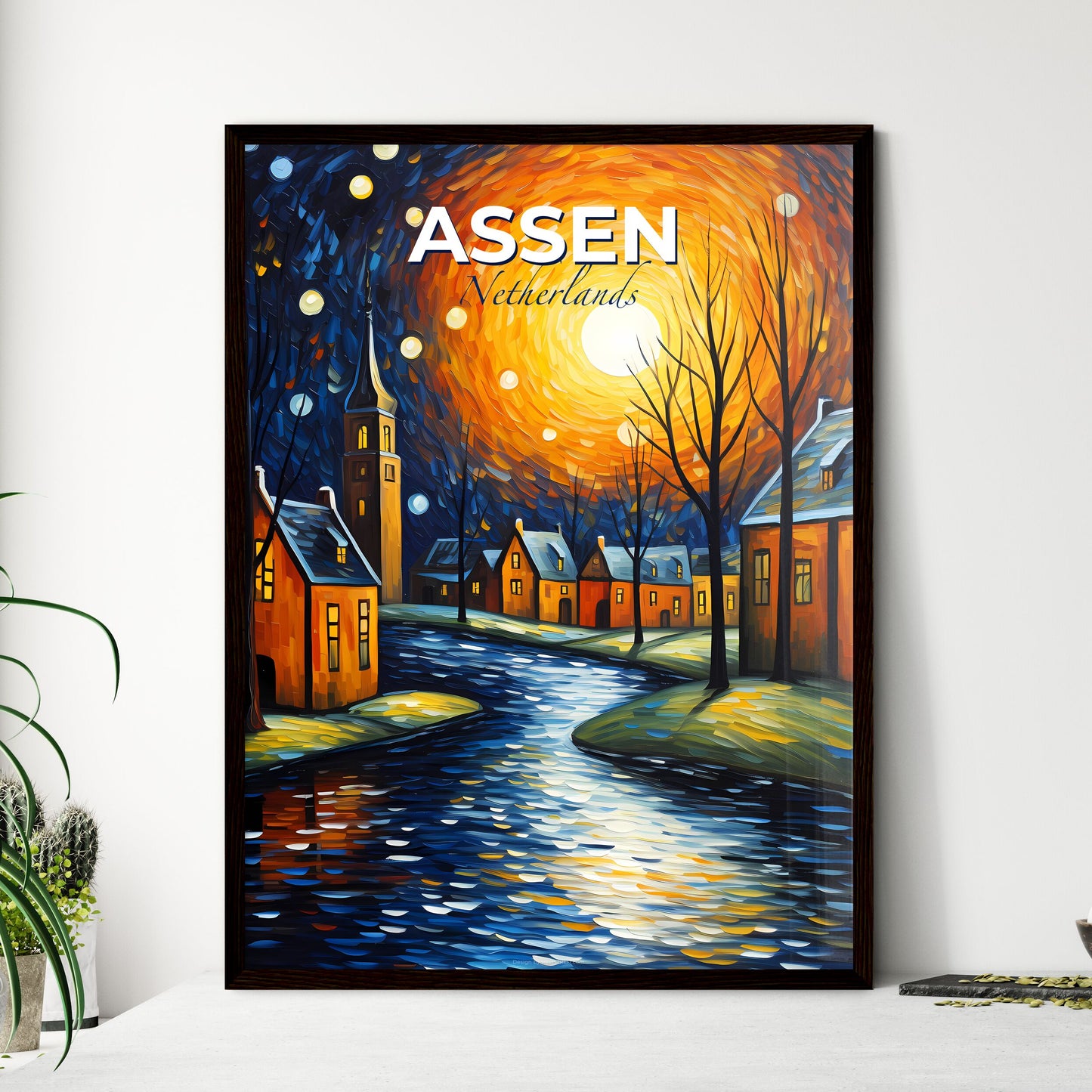 Assen, Netherlands, A Poster of a painting of a town with trees and a river Default Title