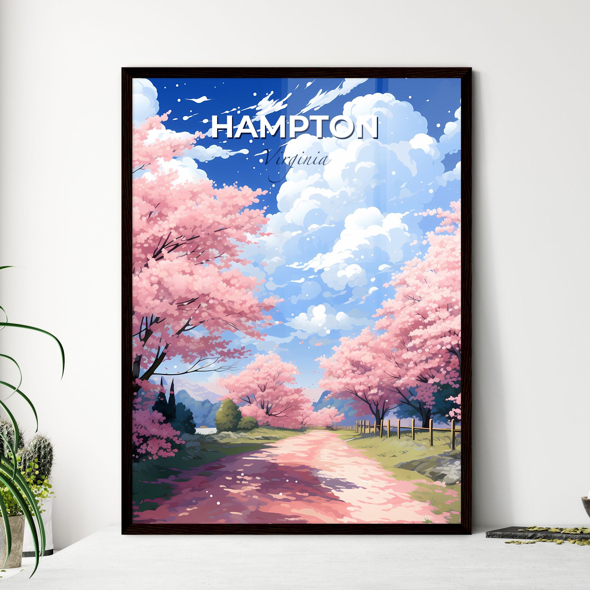 Hampton, Virginia, A Poster of a road with pink trees and a fence Default Title