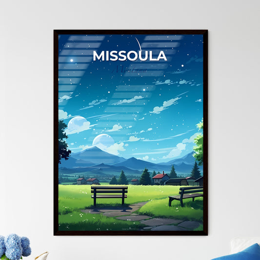 Missoula, Montana, A Poster of a landscape of a green field with benches and trees and houses Default Title