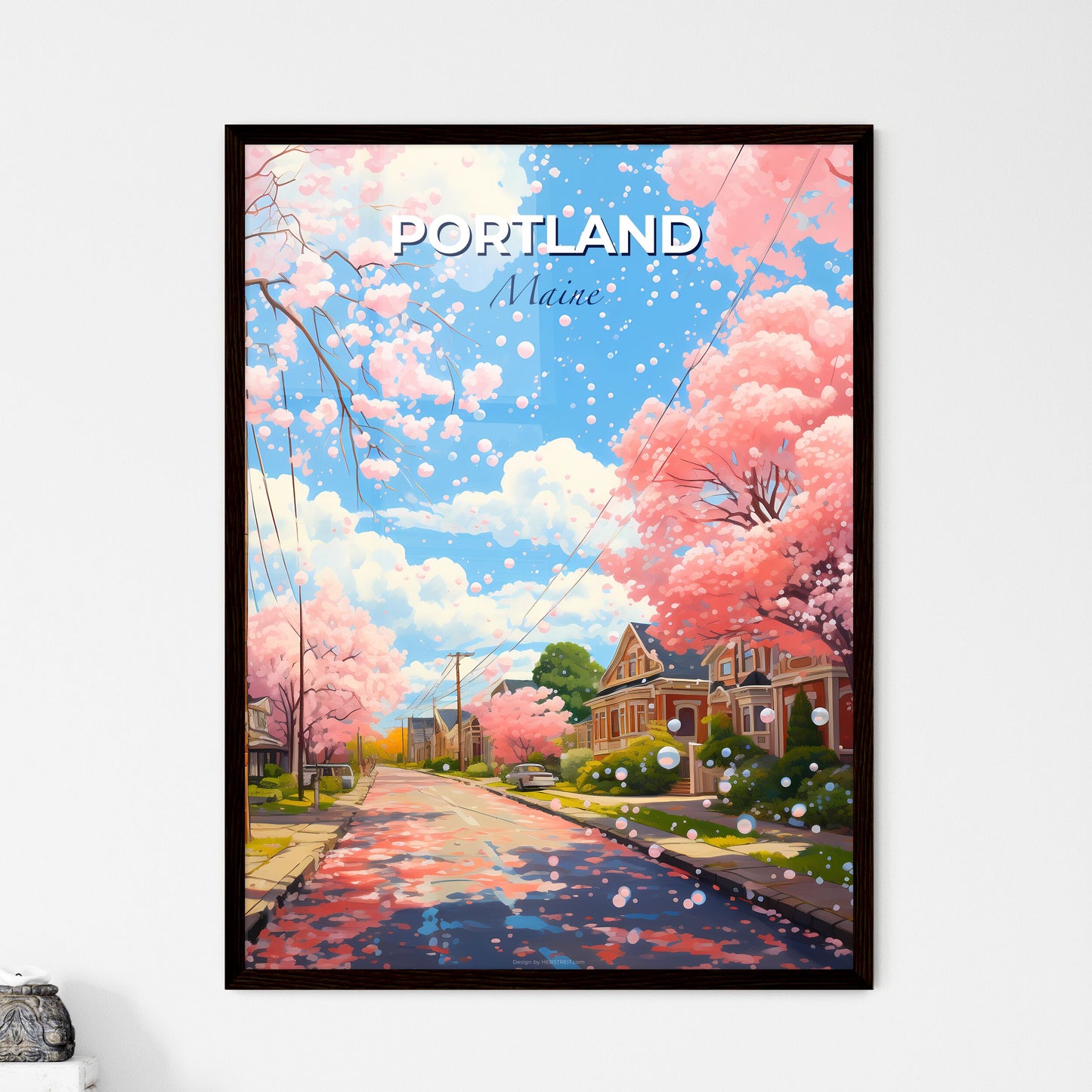 Portland, Maine, A Poster of a street with pink trees and houses on the side Default Title