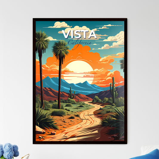 Vista, California, A Poster of a desert landscape with palm trees and mountains Default Title