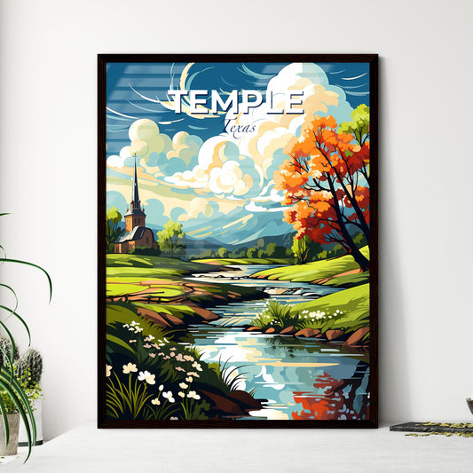 Temple, Texas, A Poster of a river running through a grassy field with a church and trees Default Title