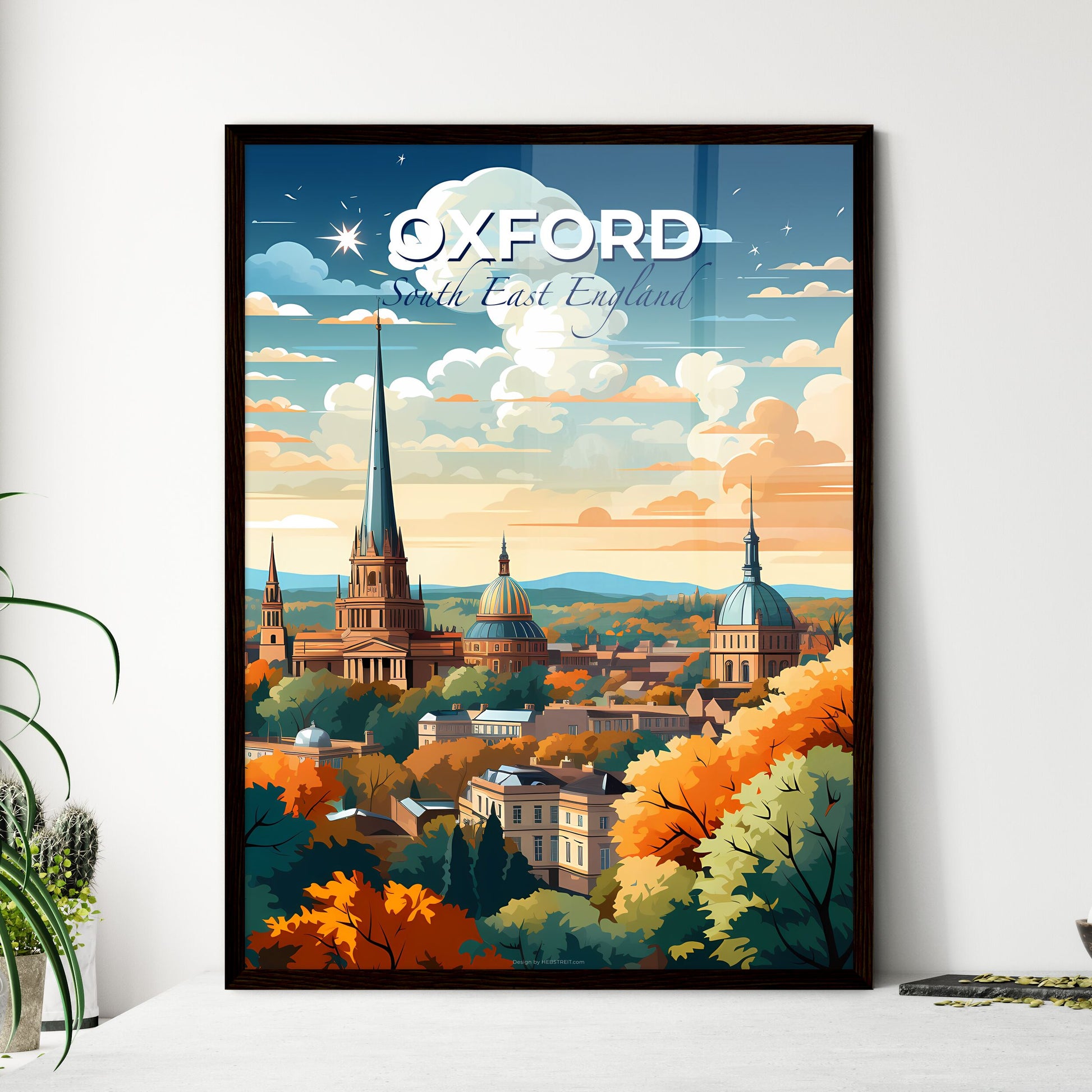 Oxford, South East England, A Poster of a city with a steeple and trees Default Title