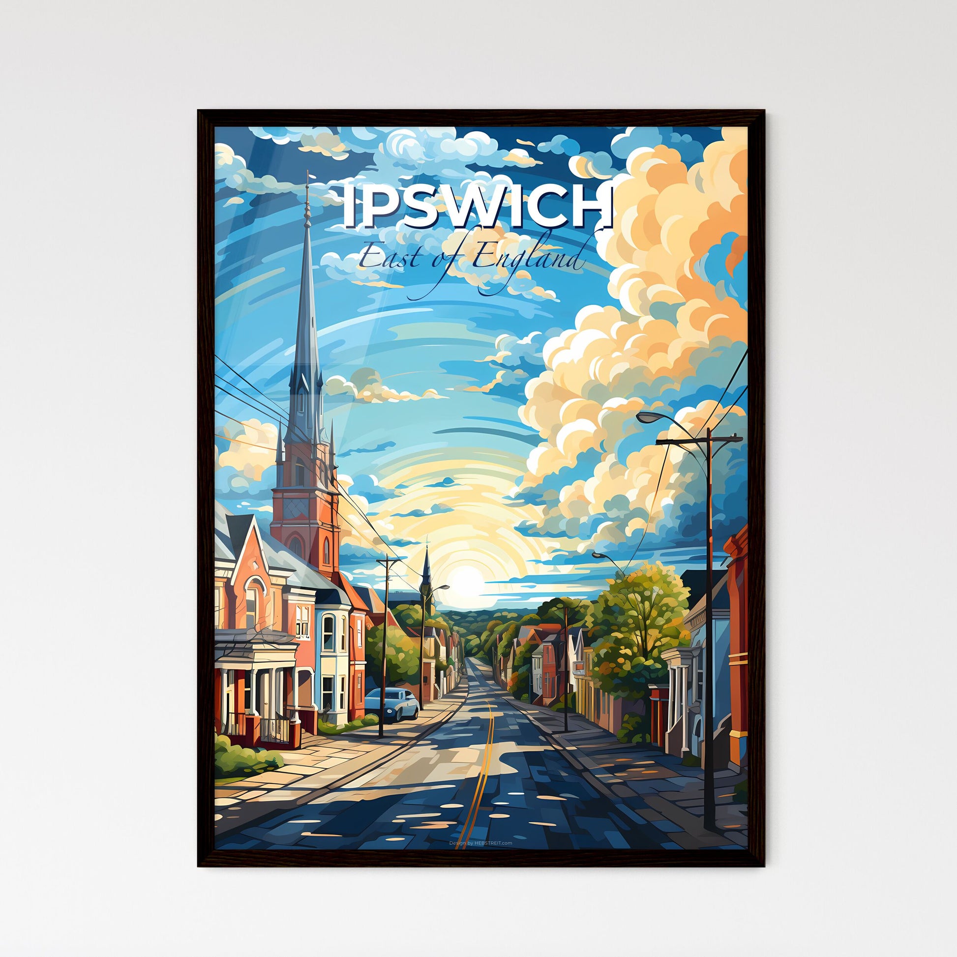 Ipswich, East of England, A Poster of a street with a church steeple and trees Default Title