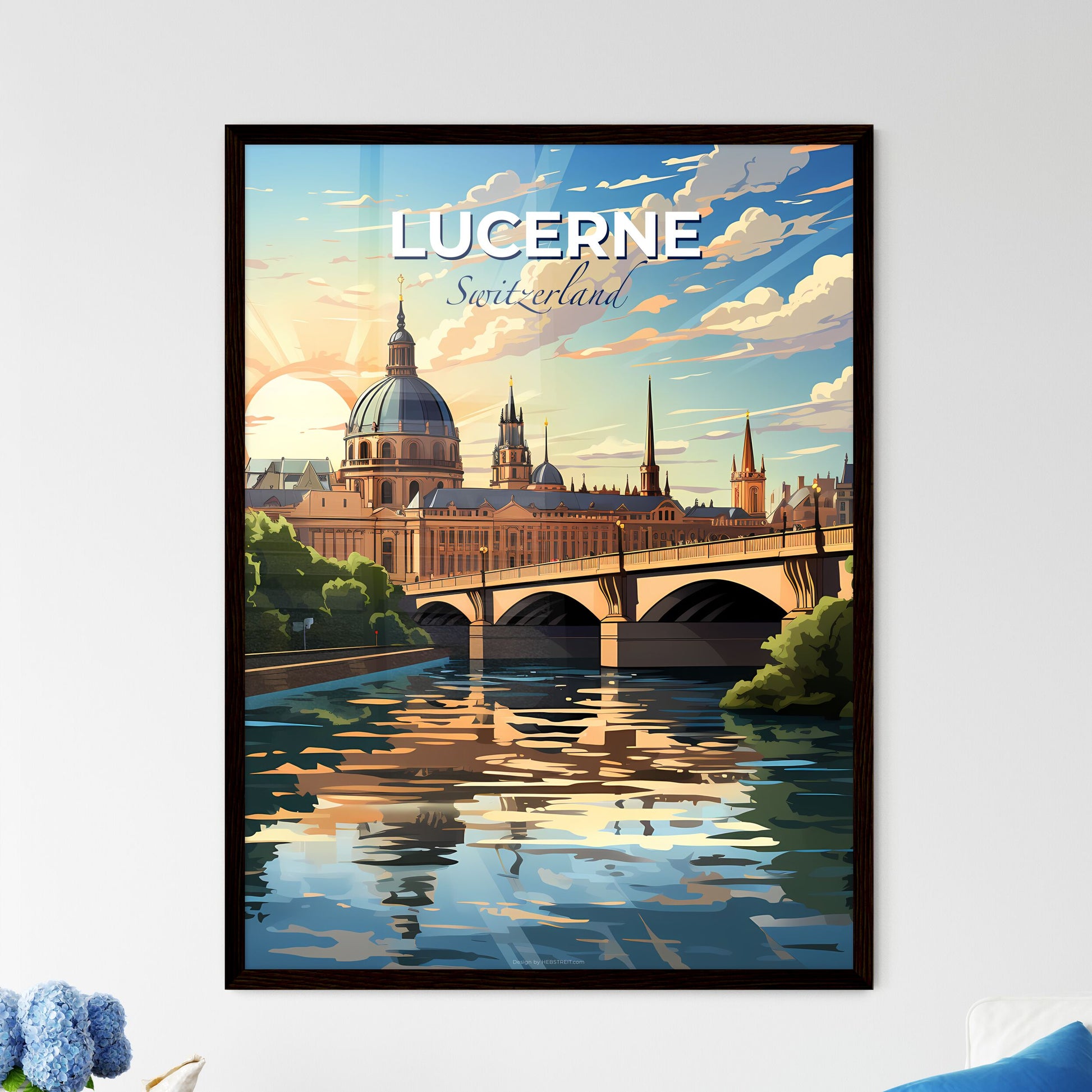 Lucerne, Switzerland, A Poster of a bridge over a river with a large building and trees Default Title