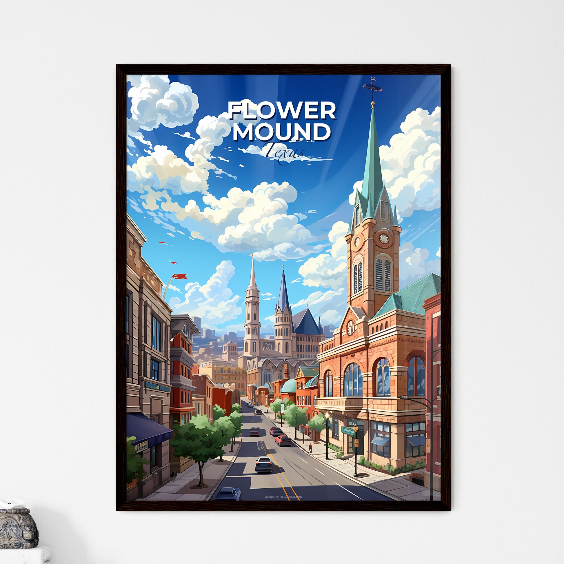 Flower Mound, Texas, A Poster of a city street with a church and cars Default Title
