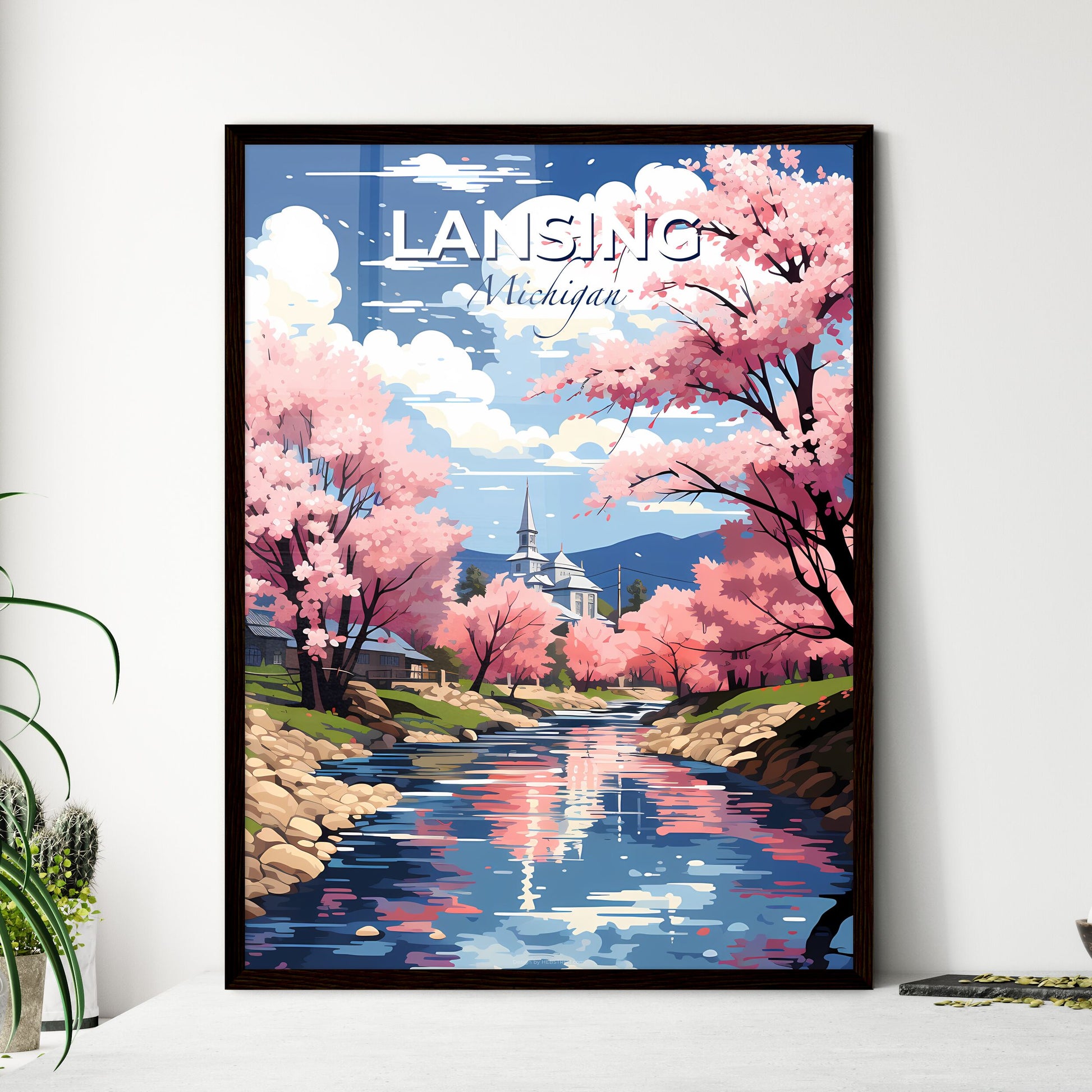 Lansing, Michigan, A Poster of a river with pink trees and a church in the background Default Title