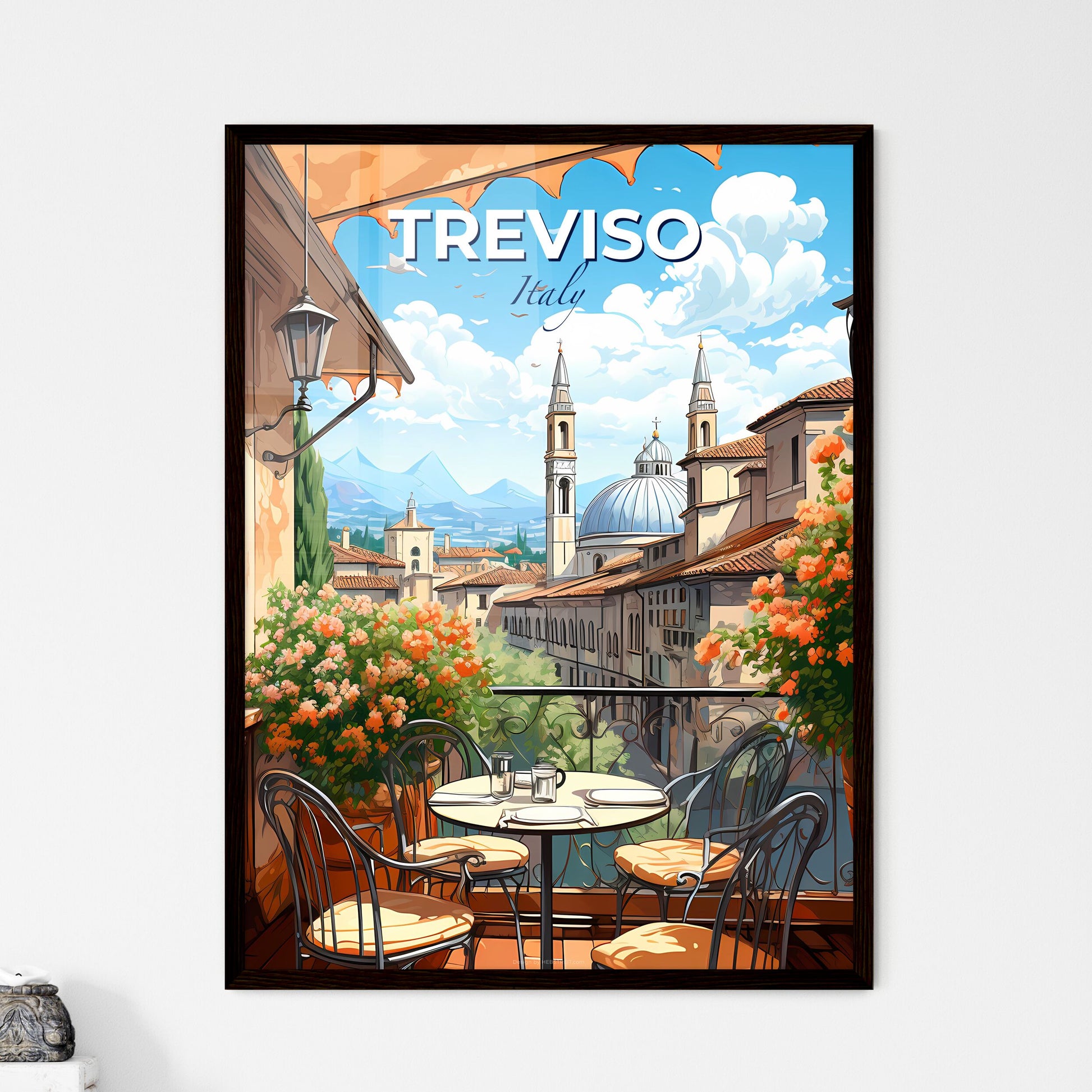 Treviso, Italy, A Poster of a table and chairs on a balcony with a view of a city Default Title