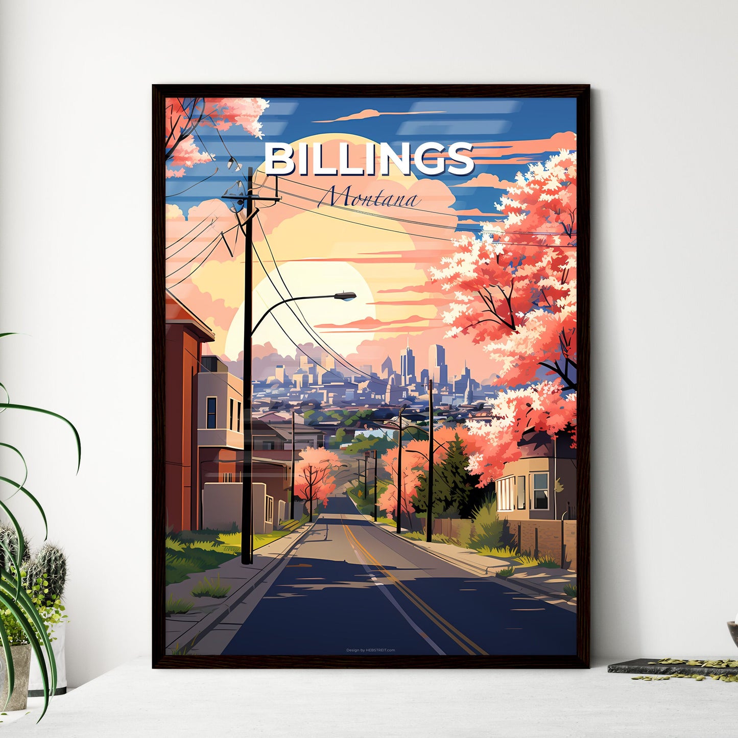 Billings, Montana, A Poster of a road with pink trees and buildings in the background Default Title