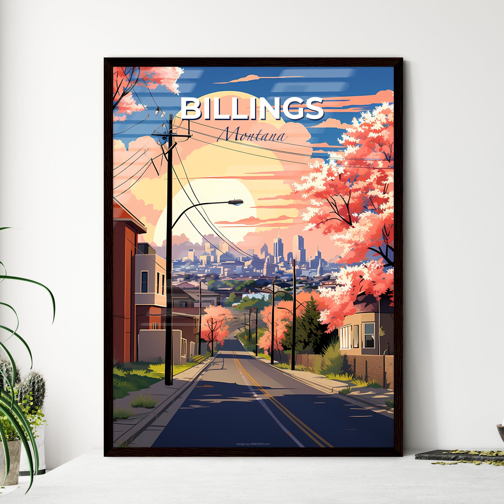 Billings, Montana, A Poster of a road with pink trees and buildings in the background Default Title