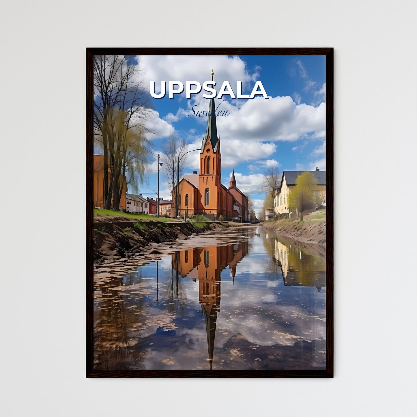 Uppsala, Sweden, A Poster of a body of water with buildings and trees in the background Default Title