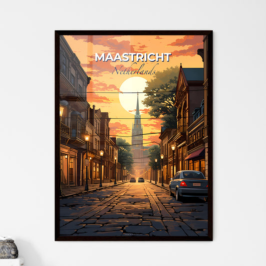 Maastricht, Netherlands, A Poster of a street with cars and buildings and a sunset Default Title