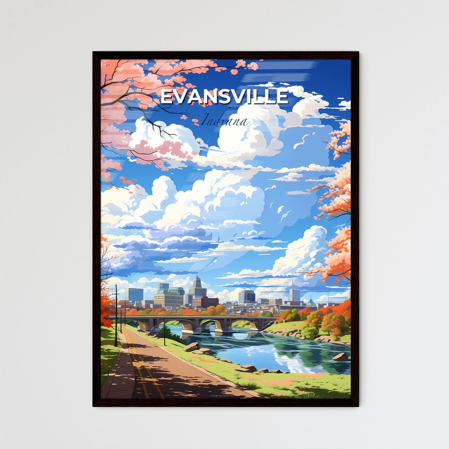 Evansville, Indiana, A Poster of a river with a bridge and trees with orange leaves Default Title