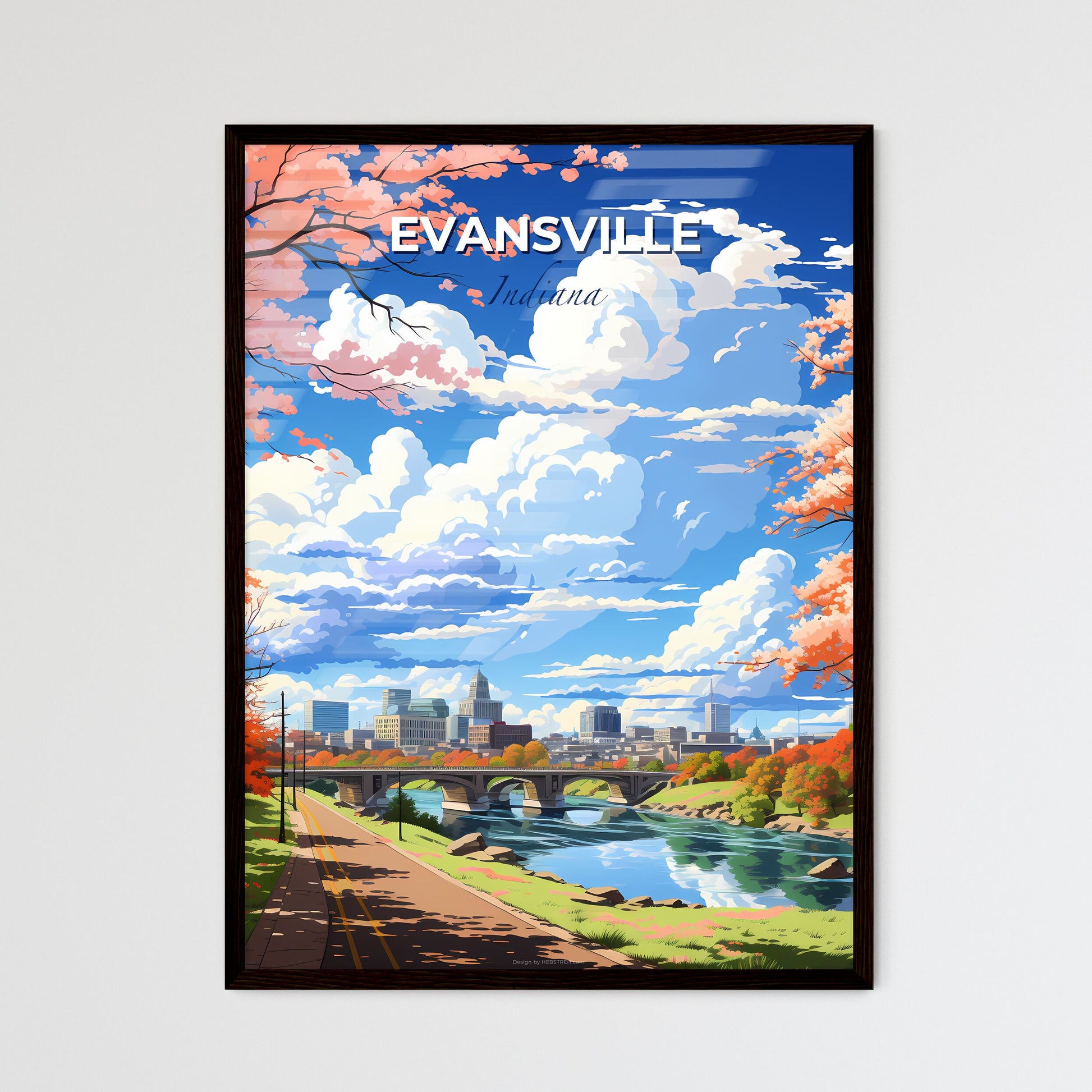 Evansville, Indiana, A Poster of a river with a bridge and trees with orange leaves Default Title