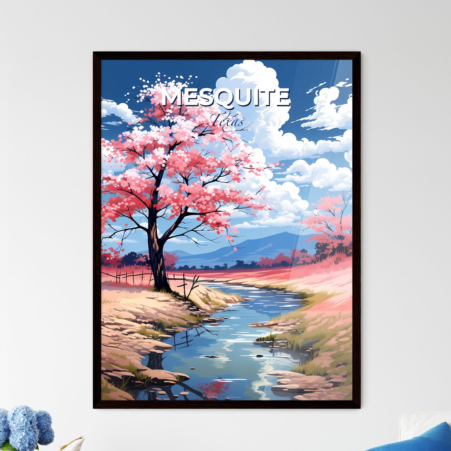 Mesquite, Texas, A Poster of a river running through a field with pink flowers and a tree Default Title